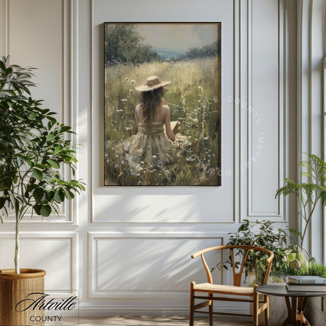 Girl Reading Landscape Painting, Vintage Autumn Field Art - Image 3