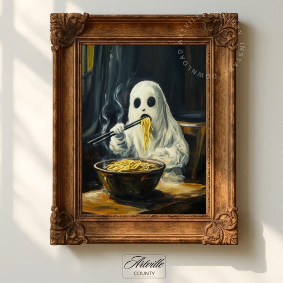 Eating Ramen Print Gothic Halloween Wall Art Noodle Artwork Funny Painting Moody Kitchen Decor