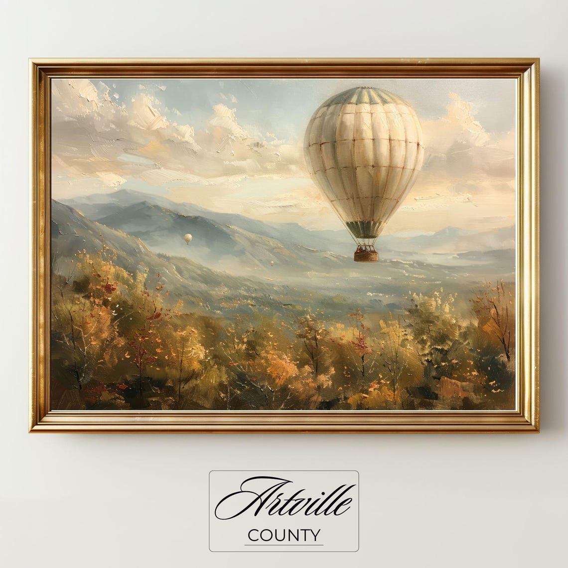 White Hot Air Balloon Drifting Over A Mountain Valley Scene Poster