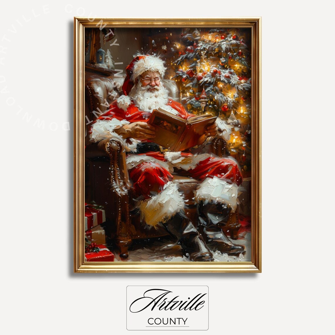 Vintage Santa Christmas Art Print, Rustic Holiday Decor