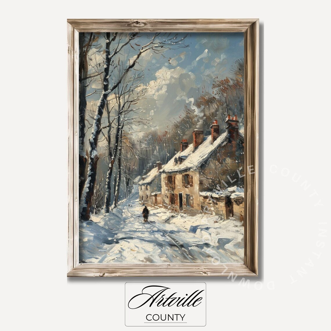 Snowy Winter Village Road Vintage Cottage Christmas Painting Poster