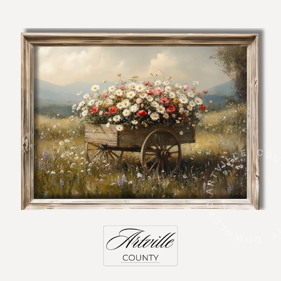Wildflower Wagon Meadow Vintage Daisy Flower Cart Painting Poster