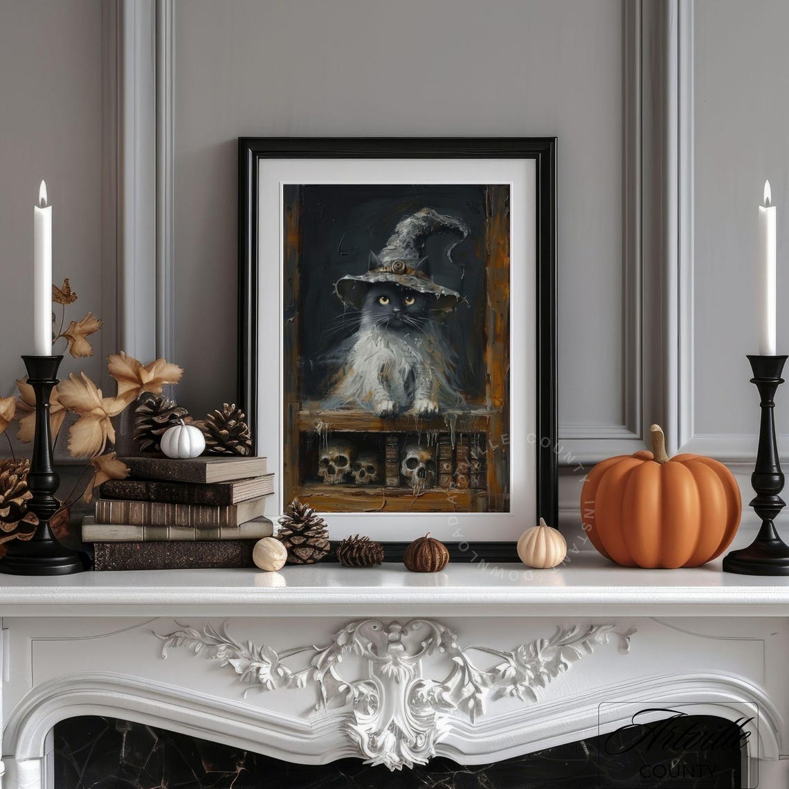 Black Cat in Witch Hat on Spell Bookshelf Skull Halloween Poster - Image 5