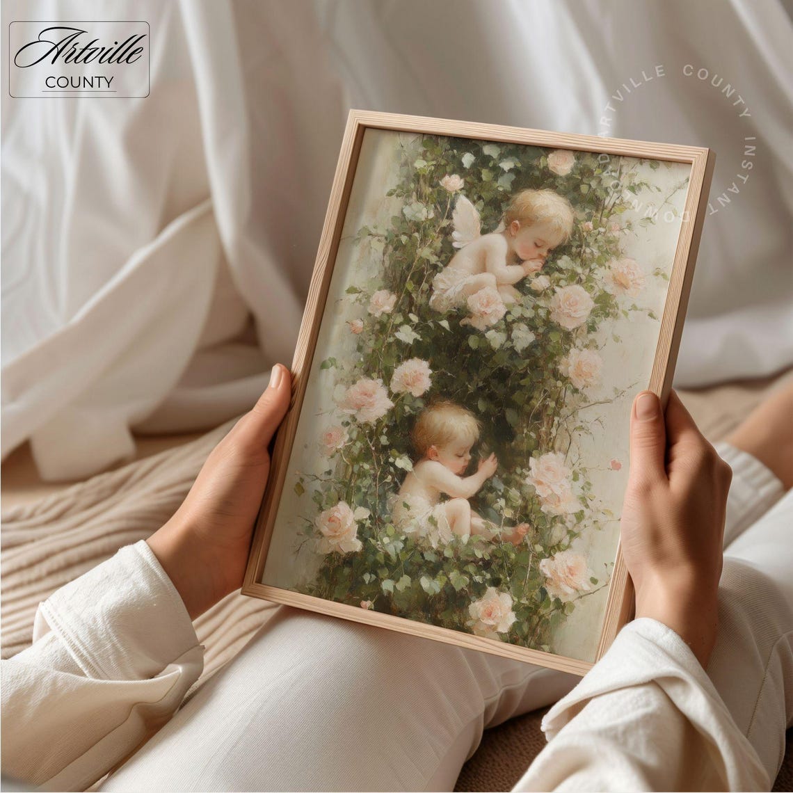 Sleeping Baby Angels Roses Vintage Nursery Floral Painting Poster - Image 4