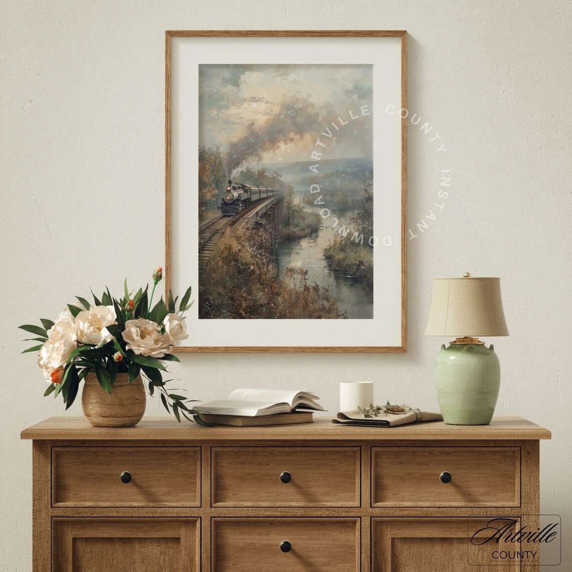 Vintage Steam Train Gallery Wall Set Antique Locomotive Train Prints Countryside Landscape Oil Painting Moody Travel Wall Art - Image 6