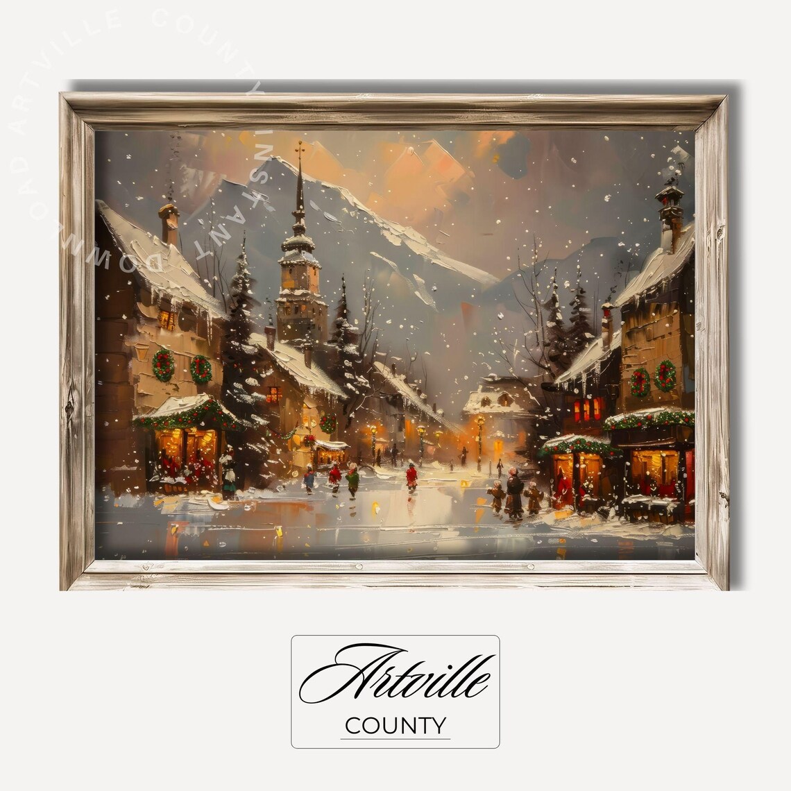 Snowy Christmas Village with Church Steeple Winter Scene Poster