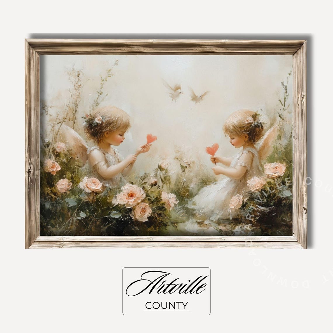 Two Angels Roses Heartwarming Vintage Nursery Painting Poster