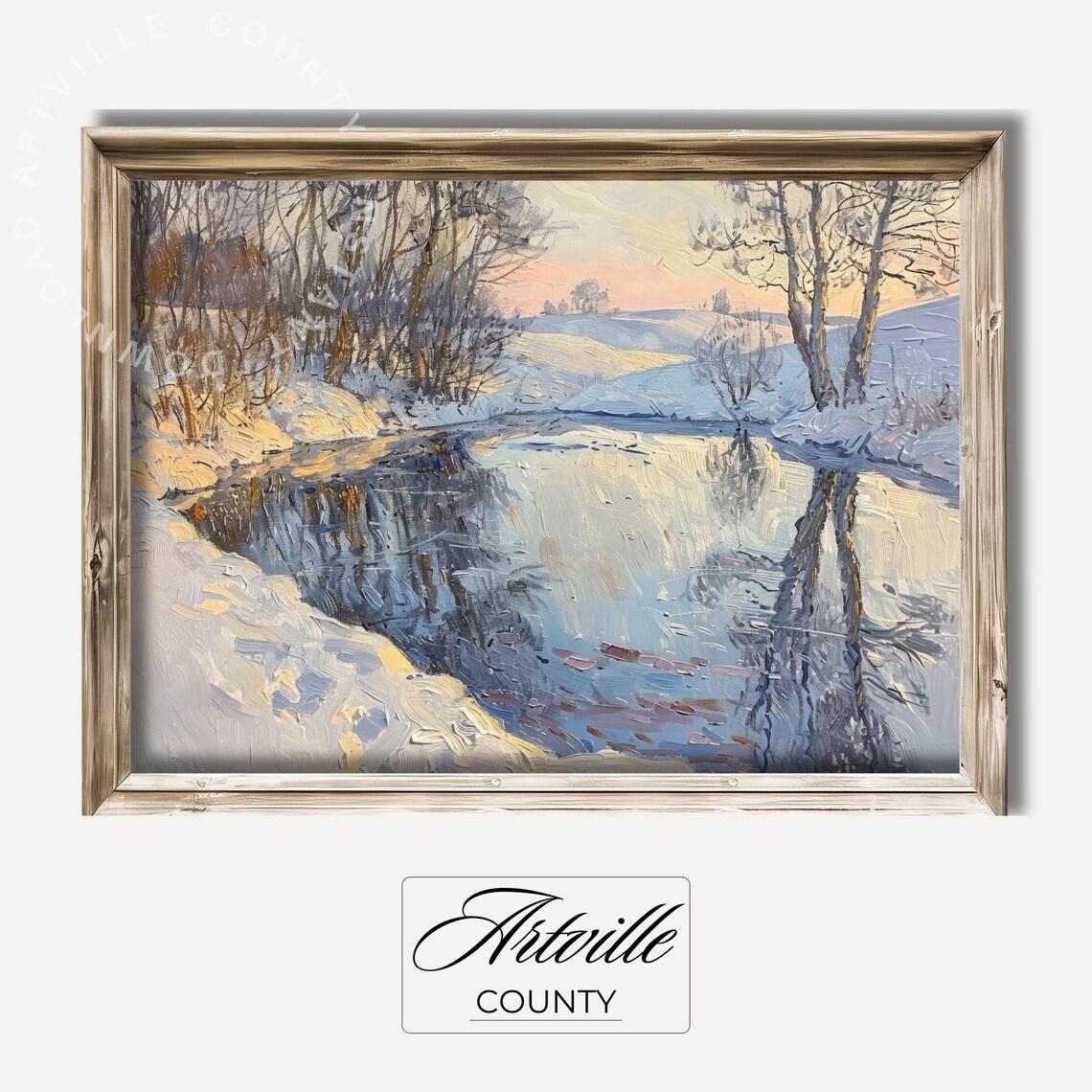 Winter River Sunset Snowy Banks Impressionist Oil Painting Poster