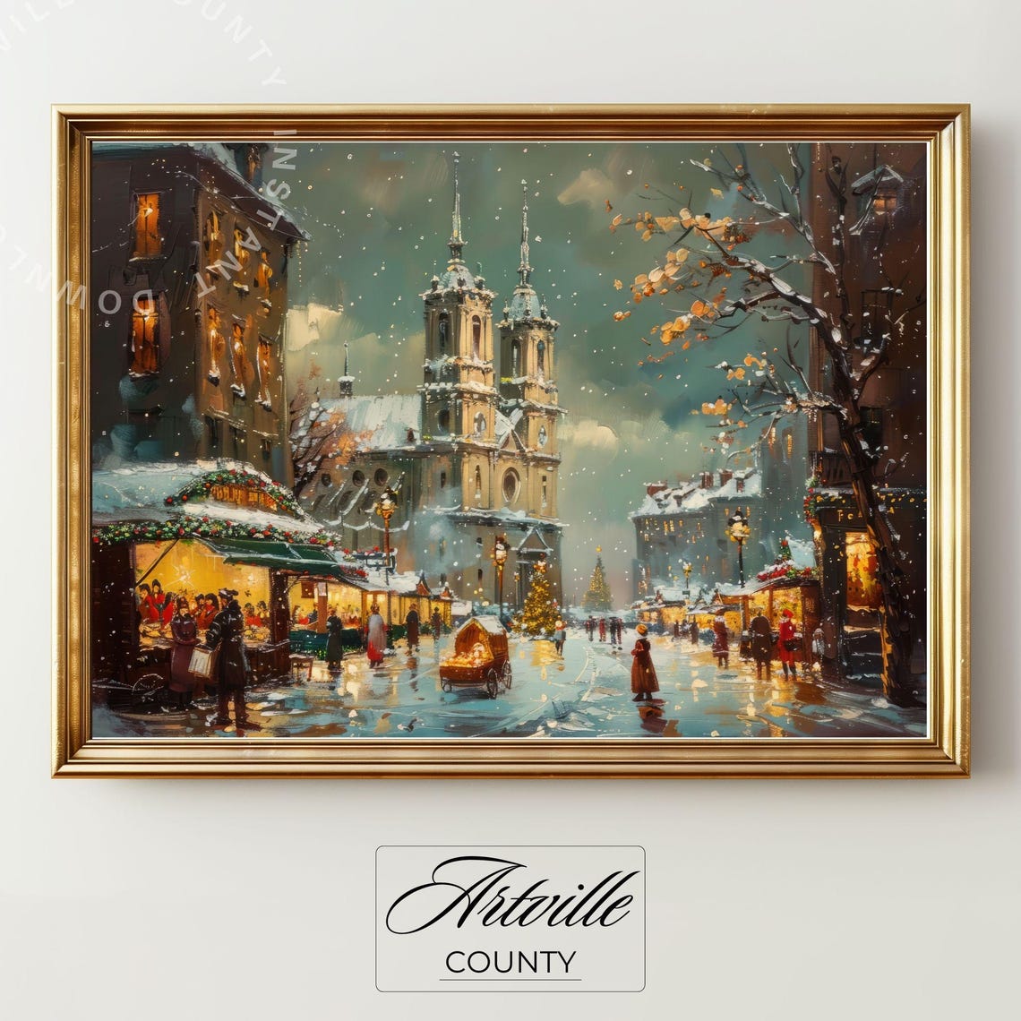 European Christmas Market Snowy Cathedral Square Night Poster - Image 3