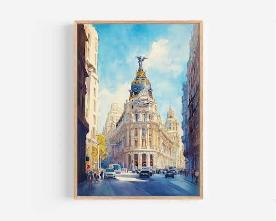 Madrid Gran Via Metropolis Building Watercolor Street Scene Art Poster