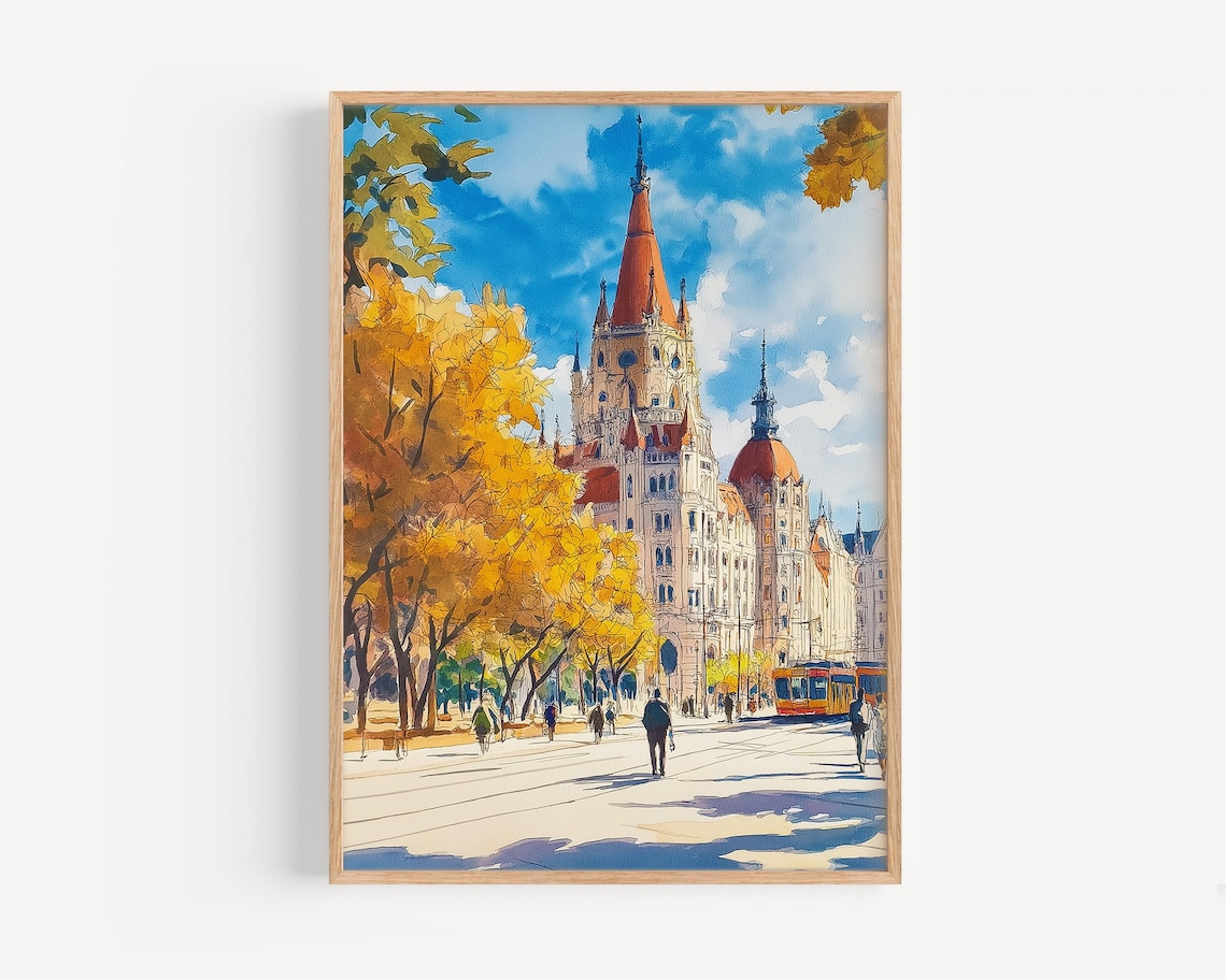 Budapest Hungary Autumn Watercolor Parliament Building Travel Poster