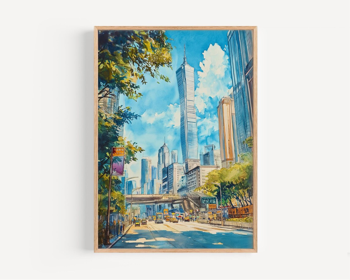 Guangzhou China City Skyline Watercolor Modern Street Travel Poster