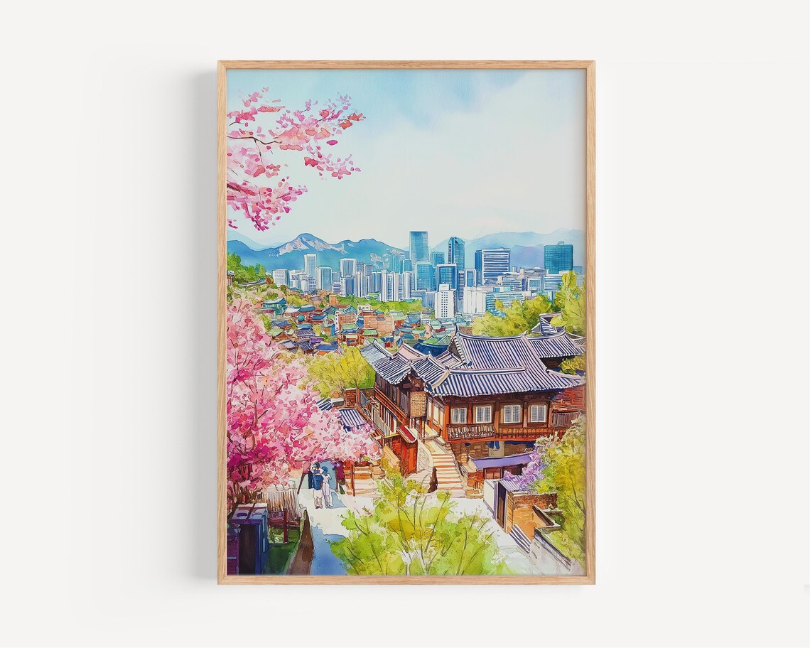 Seoul Hanok Village Cherry Blossom Watercolor Cityscape Poster