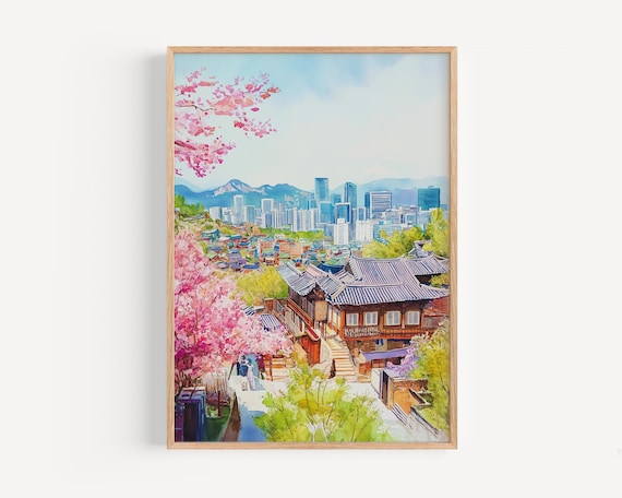 Seoul Hanok Village Cherry Blossom Watercolor Cityscape Poster