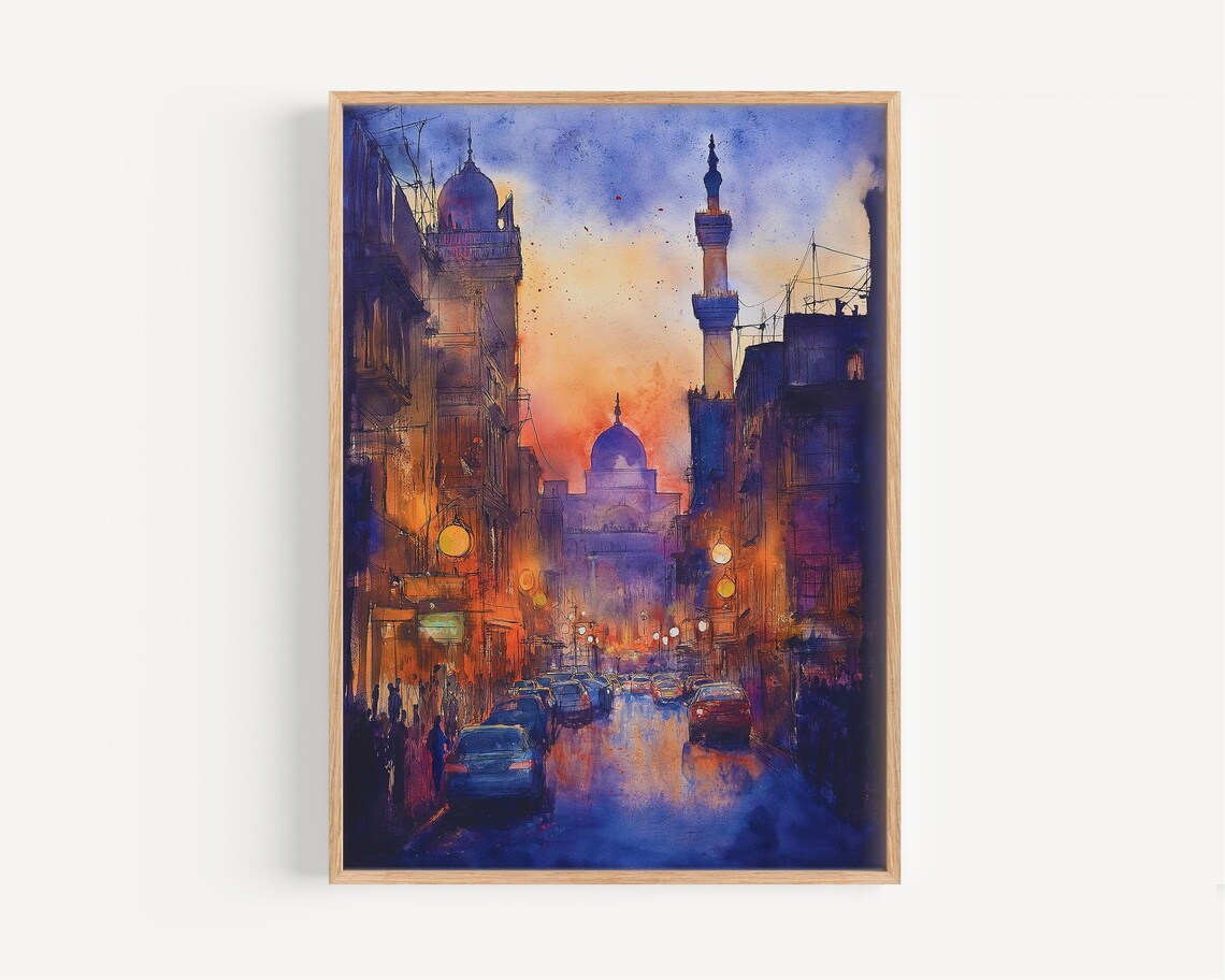 Cairo Egypt Dusk Street Minarets Golden Sunset Watercolor Cityscape Poster