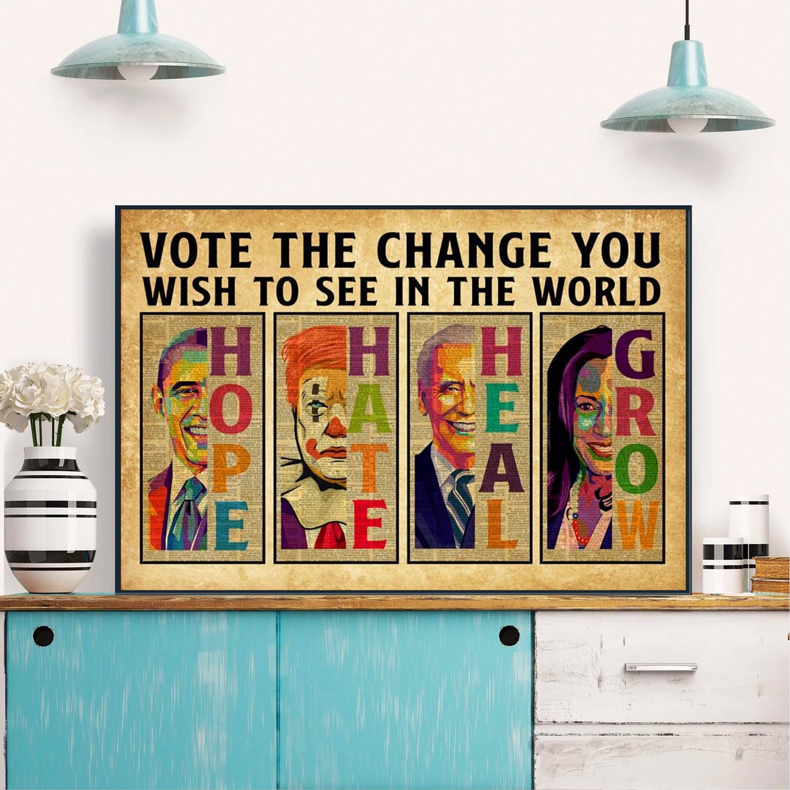 Vote the Change You Wish to See Pop Art Political Panels Quote Poster - Image 4