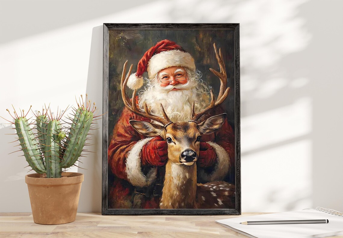 Vintage Santa Claus Hugging Reindeer Christmas Painting Poster - Image 4