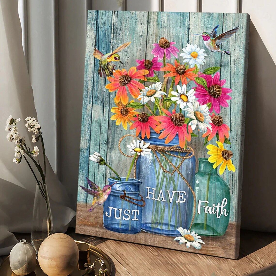 Just Have Faith Wildflower Mason Jar Hummingbird Christian Poster - Image 3