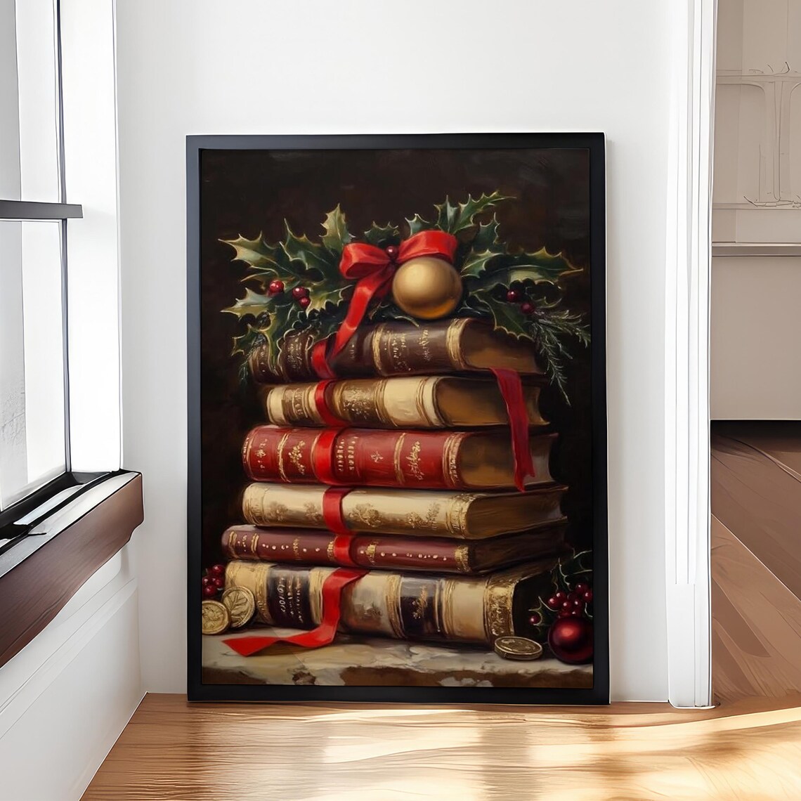 Stack of Vintage Christmas Books With Holly and Ribbon Art Poster - Image 3
