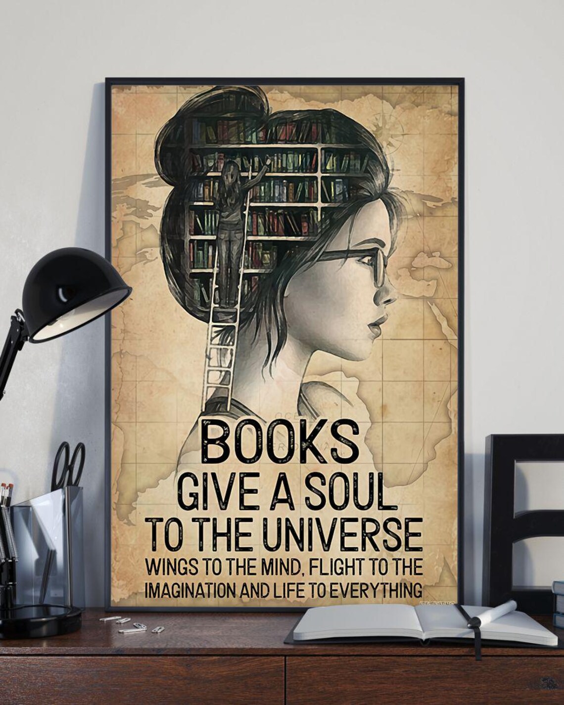 Books Give A Soul To The Universe Vintage Reader Girl Poster - Image 2