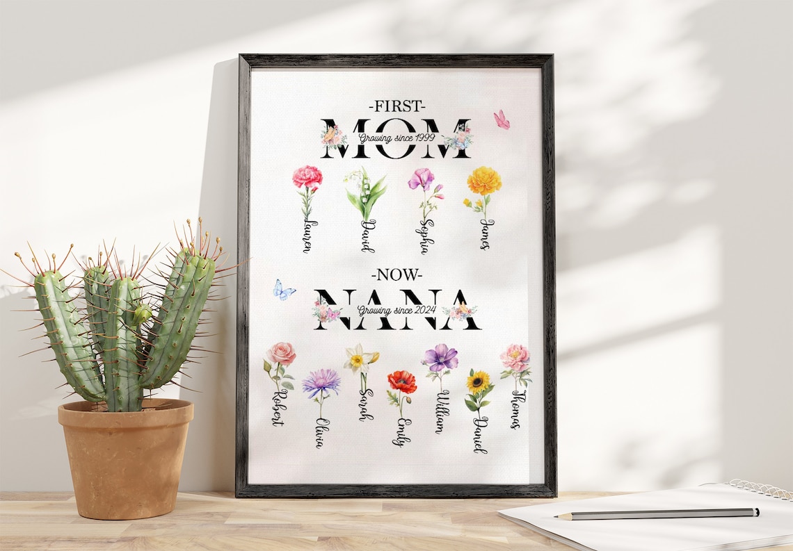 First Mom Now Nana Birth Month Flowers Blooming Family Garden Poster
