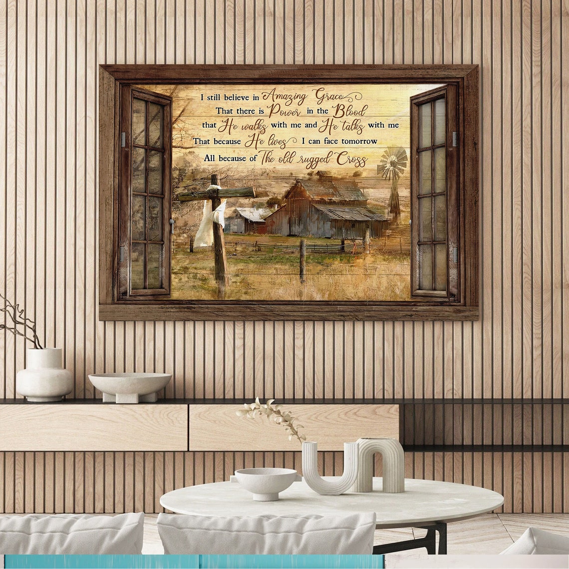 Amazing Grace Old Rugged Cross Barn Window Farmhouse Faith Poster - Image 2