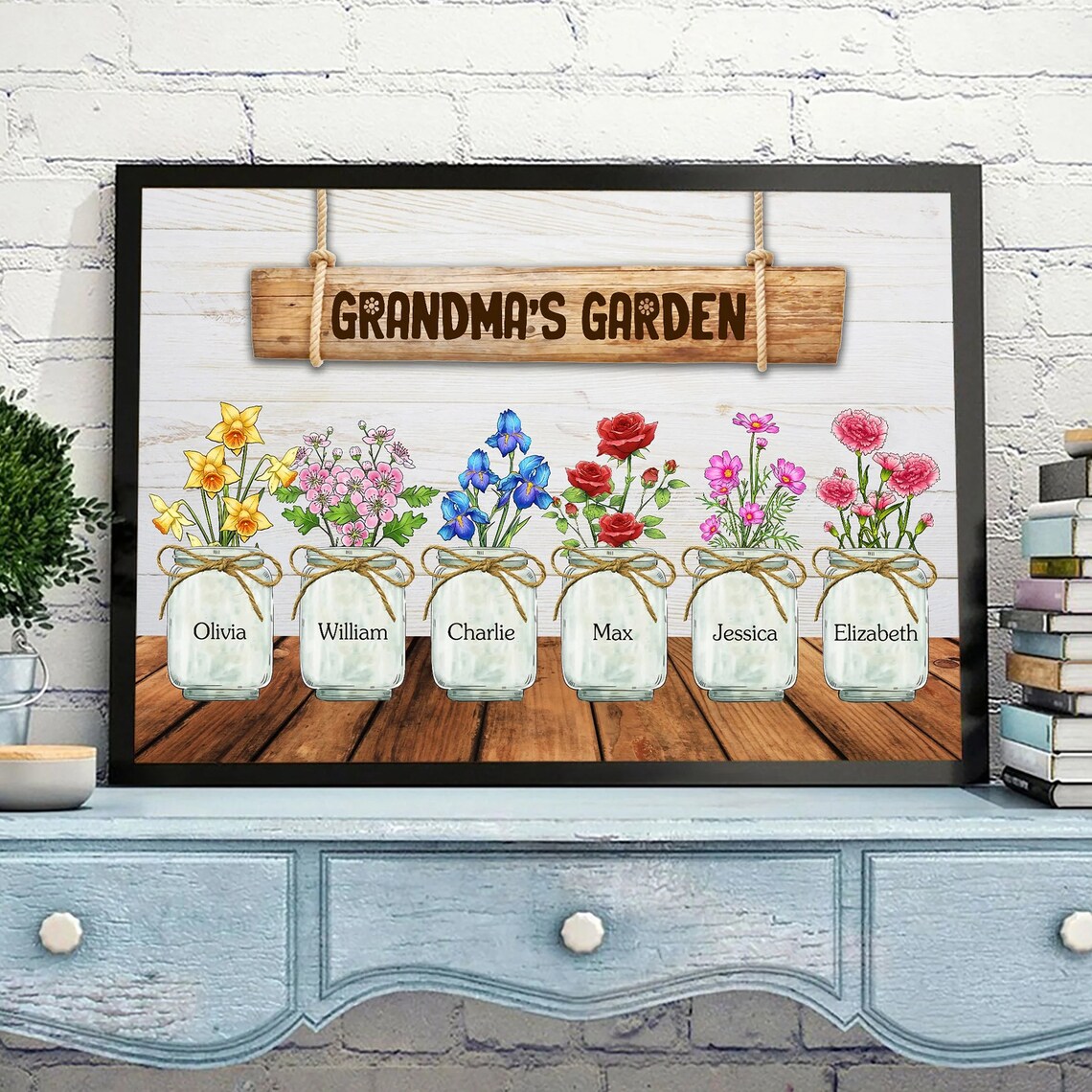 Grandmas Garden Birth Month Flower Mason Jar Family Names Art Poster