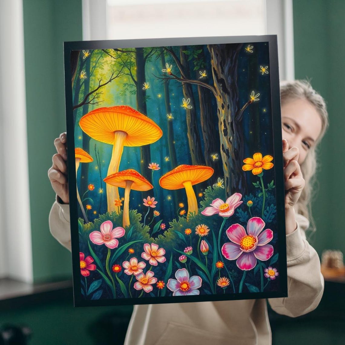 Magical Glowing Mushroom Forest Fireflies Wildflowers Night Poster