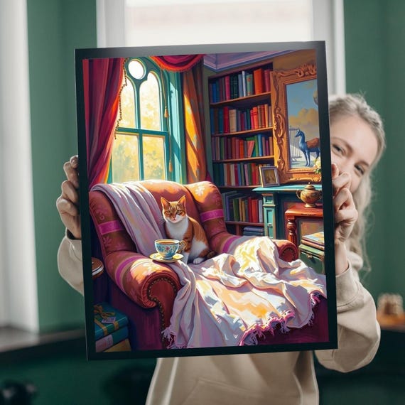 Cozy Orange Tabby Cat Reading Nook Armchair Teacup Library Art Poster