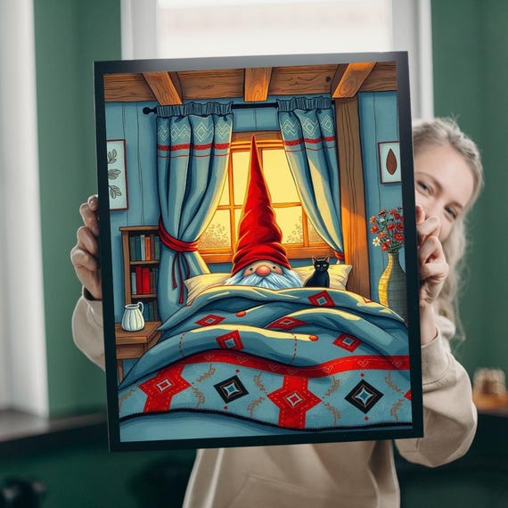 Scandinavian Gnome Sleeping Under Quilt Blue Bedroom Folk Poster