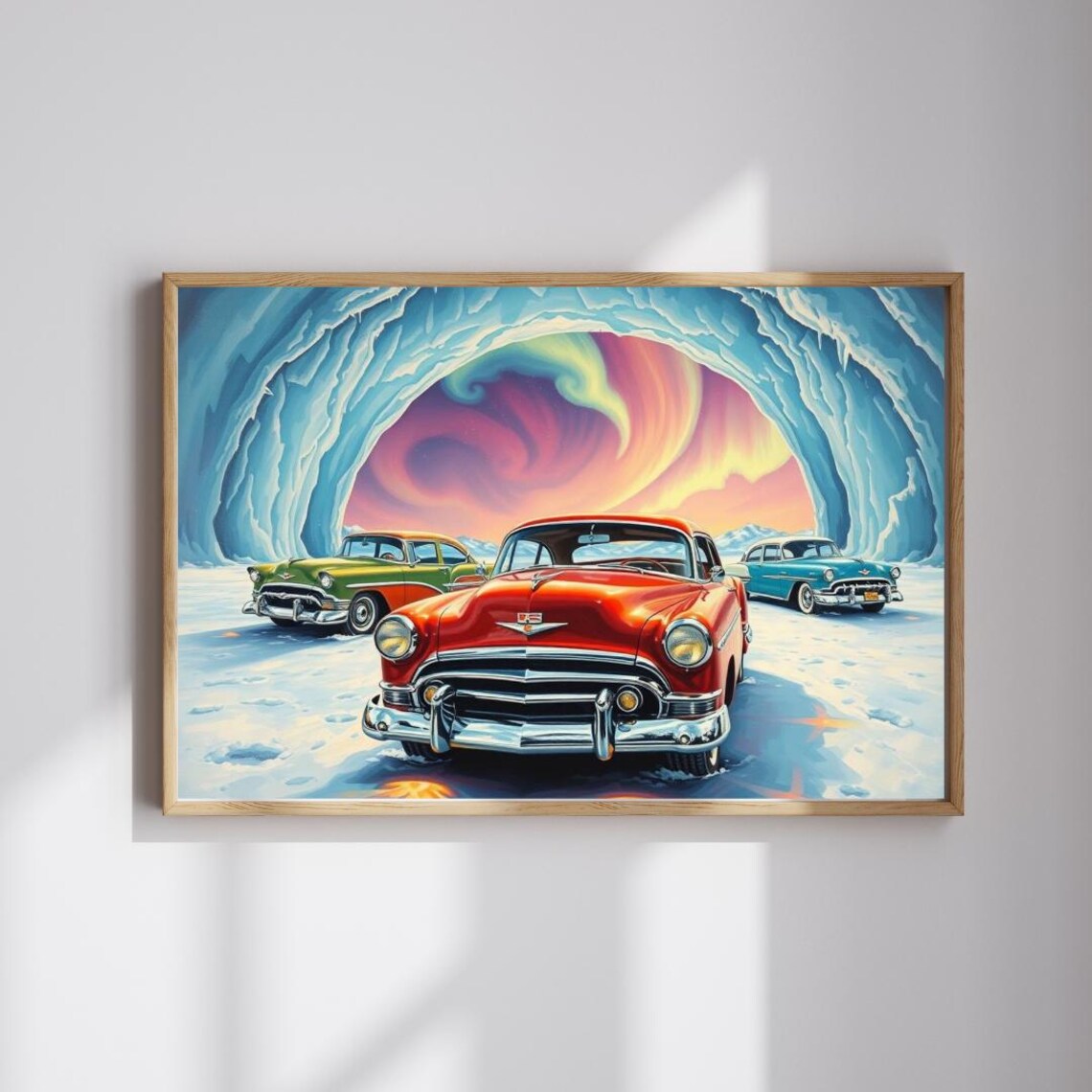 Classic Cars Ice Cave Aurora Northern Lights Automotive Art Print