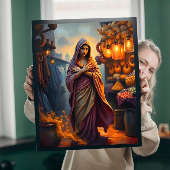 Mystical Robed Woman Dusk Fantasy Market Lanterns Art Poster