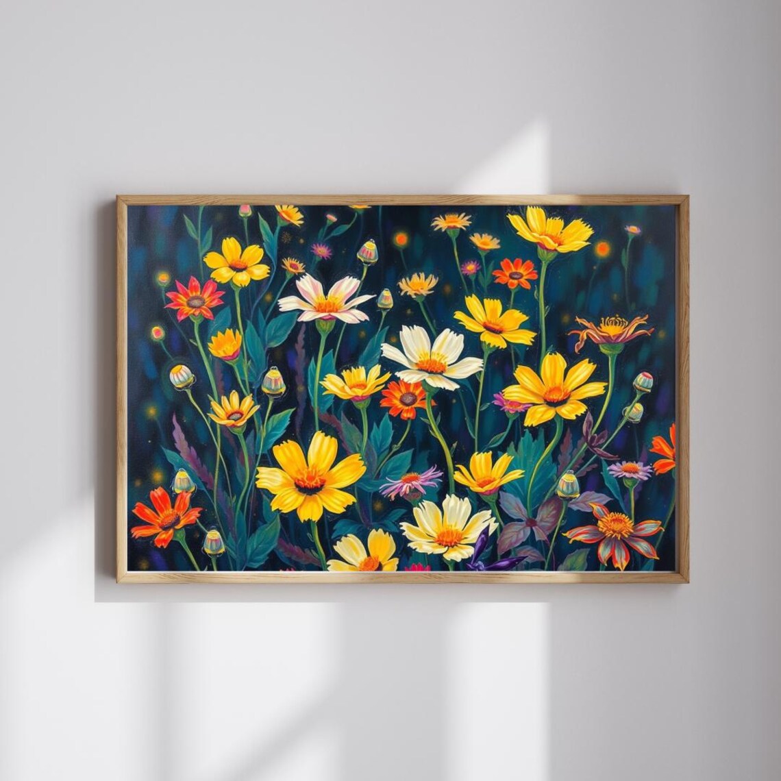 Colorful Wildflower Meadow Daisies Cosmic Background Botanical Art Poster