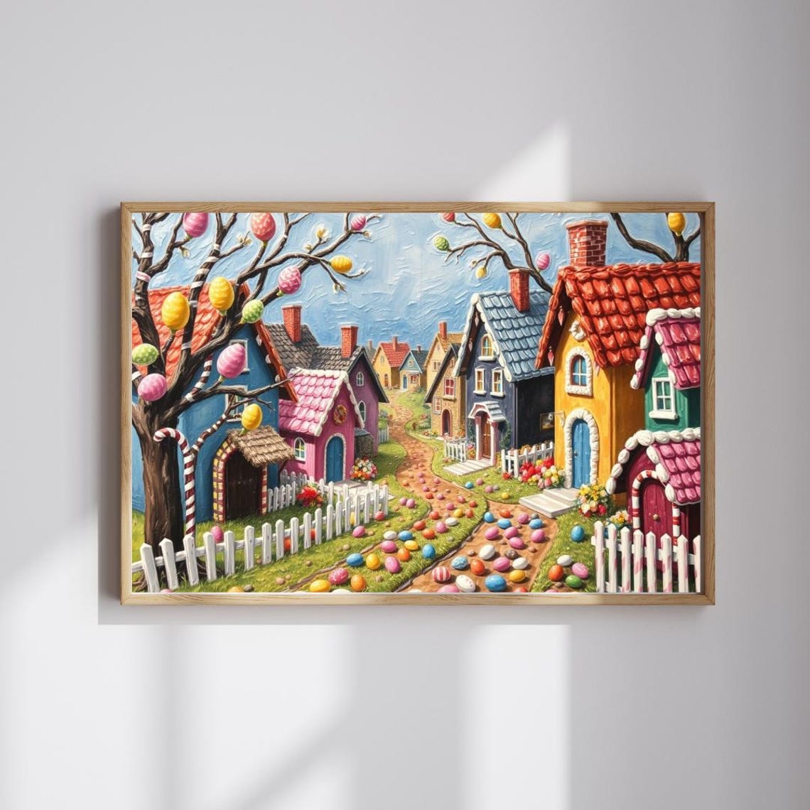 Easter Village Candy Cottages Egg Trees Whimsical Illustration Poster