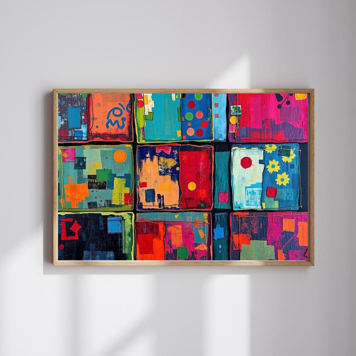 Colorful Abstract Nine Panel Grid Modern Painted Squares Wall Art