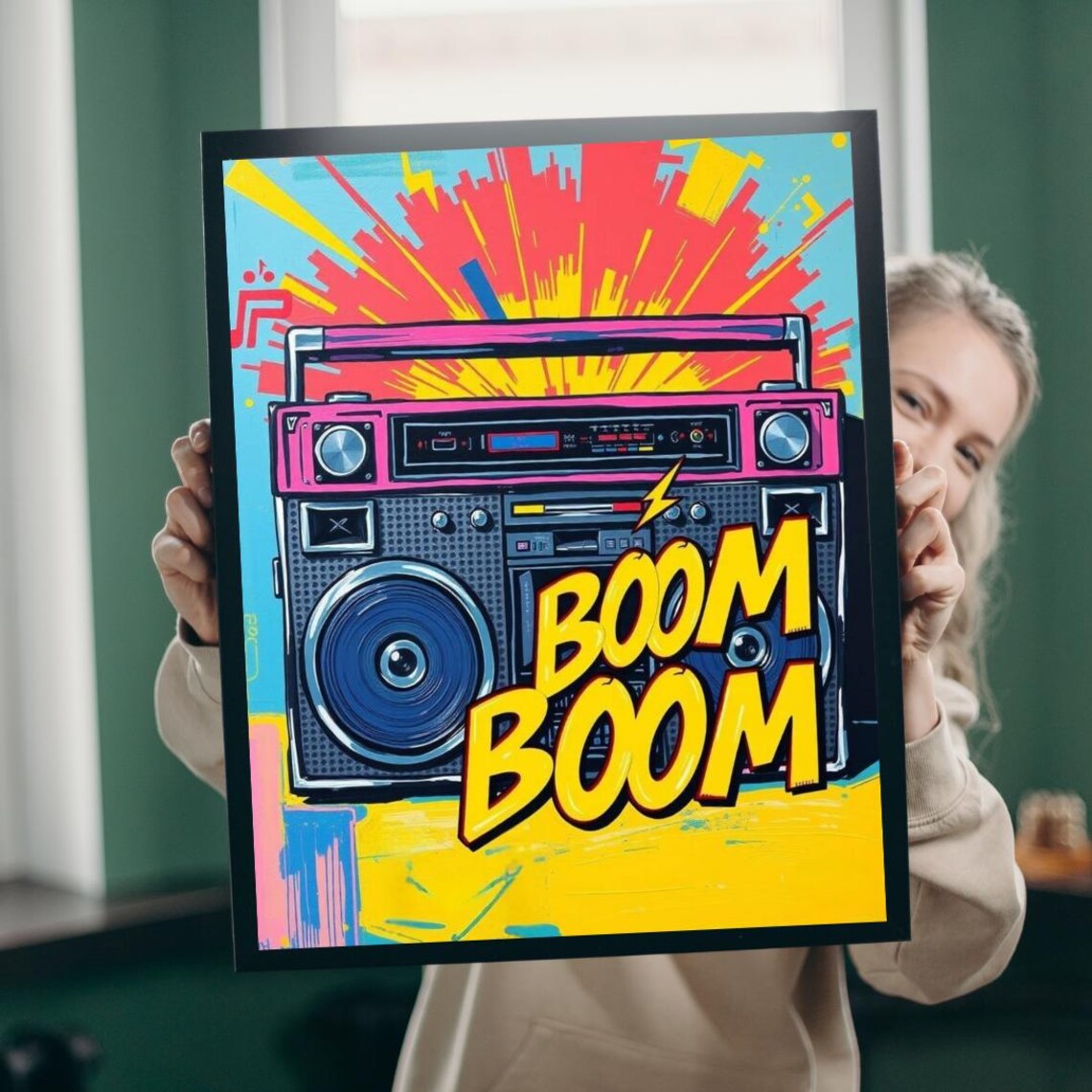 Retro Boombox Colorful Pop Art BOOM BOOM Music Poster For Teens