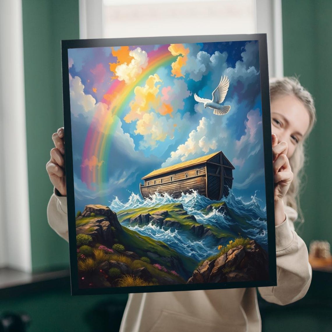 Noah's Ark Rainbow Dove Flood Waters Biblical Story Hope Poster