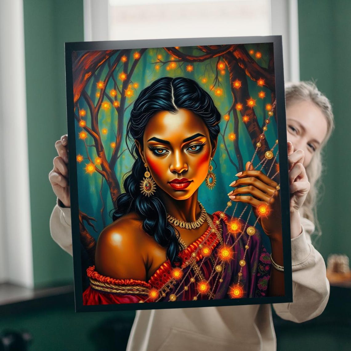 Glowing Forest Woman Portrait Golden Lights Fantasy Art Poster