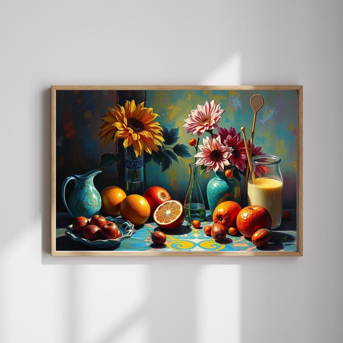 Sunflower Daisy Citrus Still Life Teal Jug Fruit Kitchen Art Poster