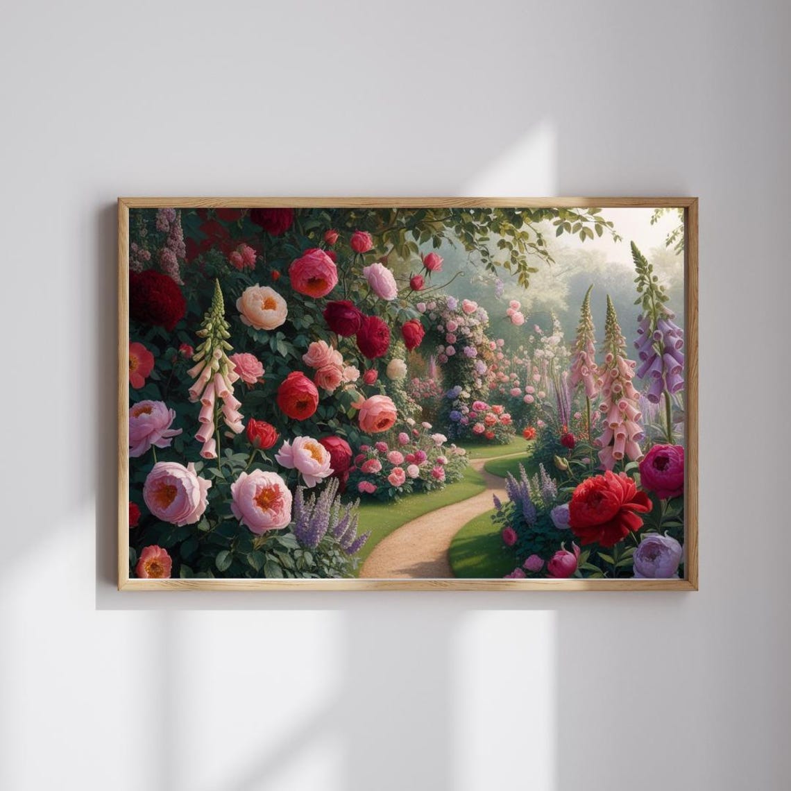 Blooming Rose Garden Pathway Foxglove Flowers Romantic Wall Art