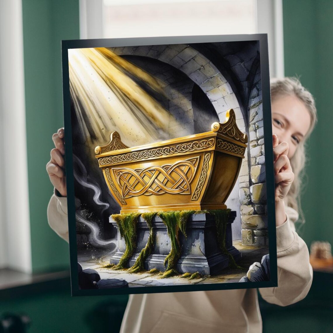 Golden Ark Fantasy Art Print Celtic Carved Chest in Stone Vault