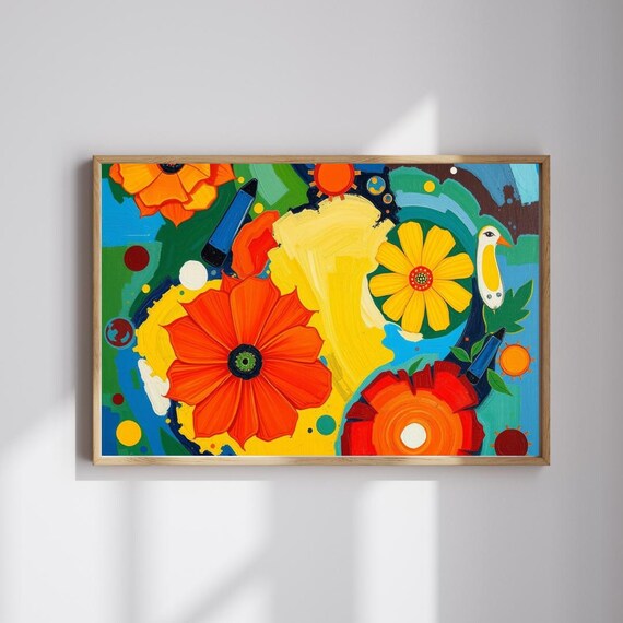 Vibrant Floral Folk Art Colorful Flowers Bird Whimsical Art Poster