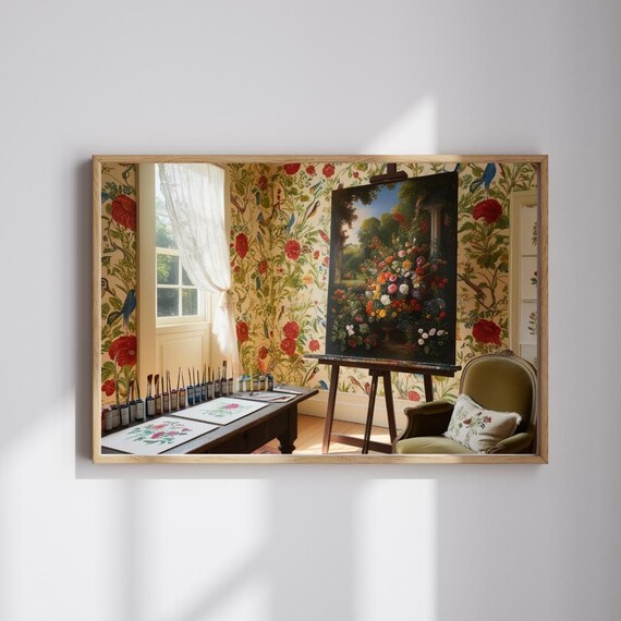 Bright Floral Wallpaper Artist Studio Easel Painting Interior Poster