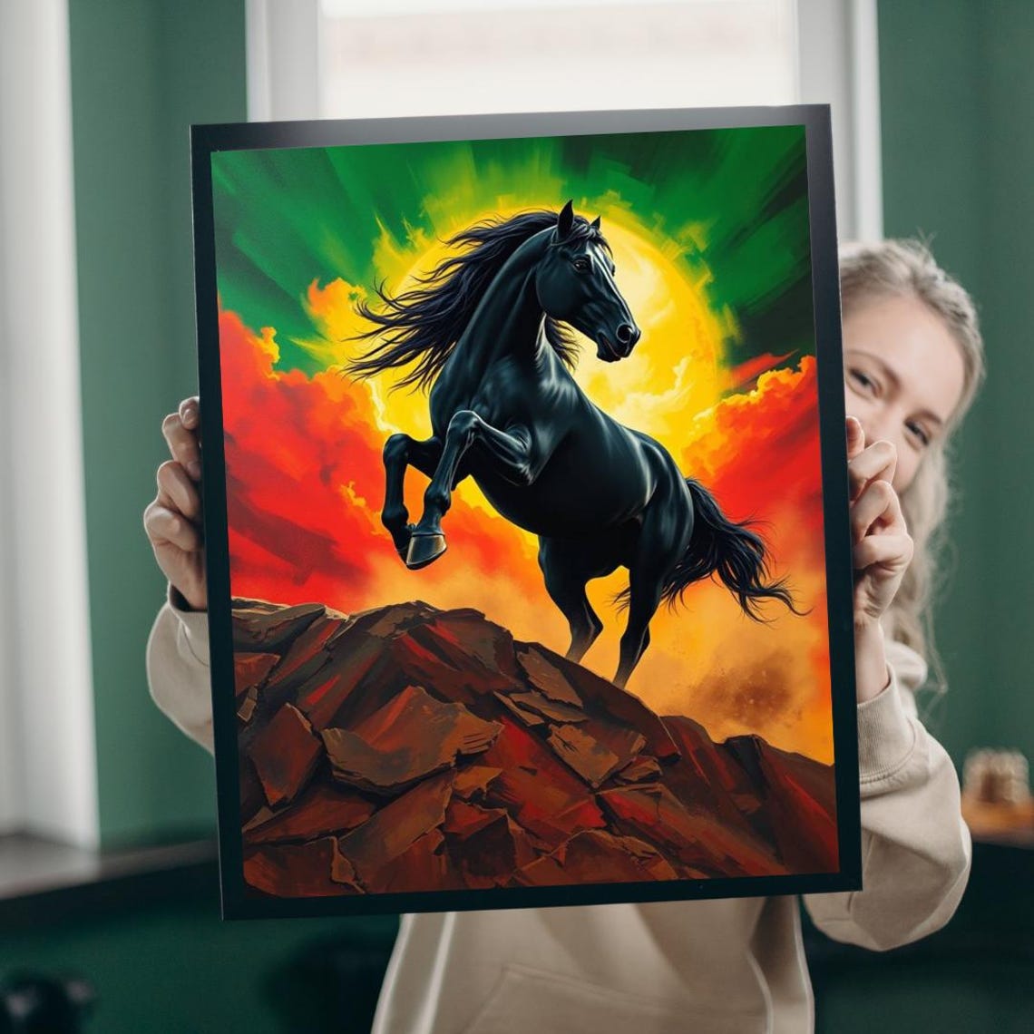 Black Stallion Rearing on Rocky Cliffs Under Blazing Sky Art Poster