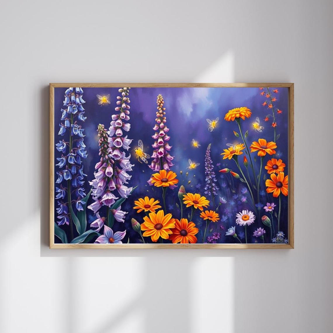 Moonlit Wildflower Garden Fireflies Foxglove Blossom Night Sky Poster