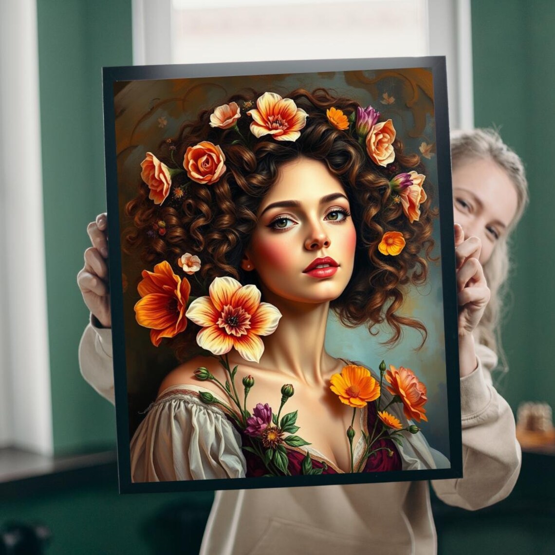 Floral Woman Portrait Curly Hair Blooming Botanical Beauty Wall Art