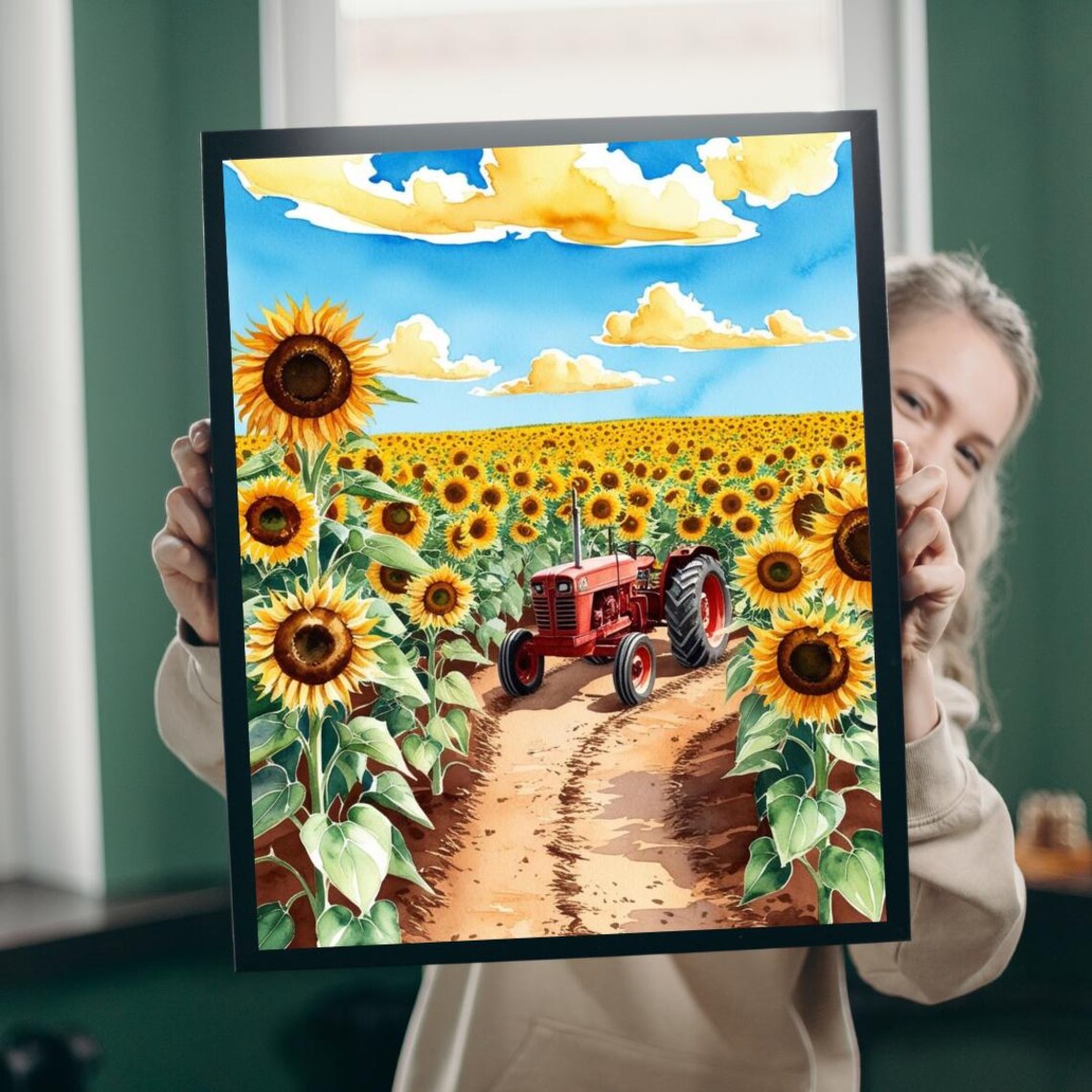 Red Tractor Sunflower Field Dirt Road Farm Watercolor Painting Poster