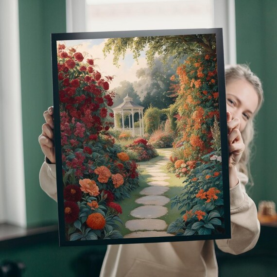 Romantic Rose Garden Stone Path White Gazebo Bloom Art Poster