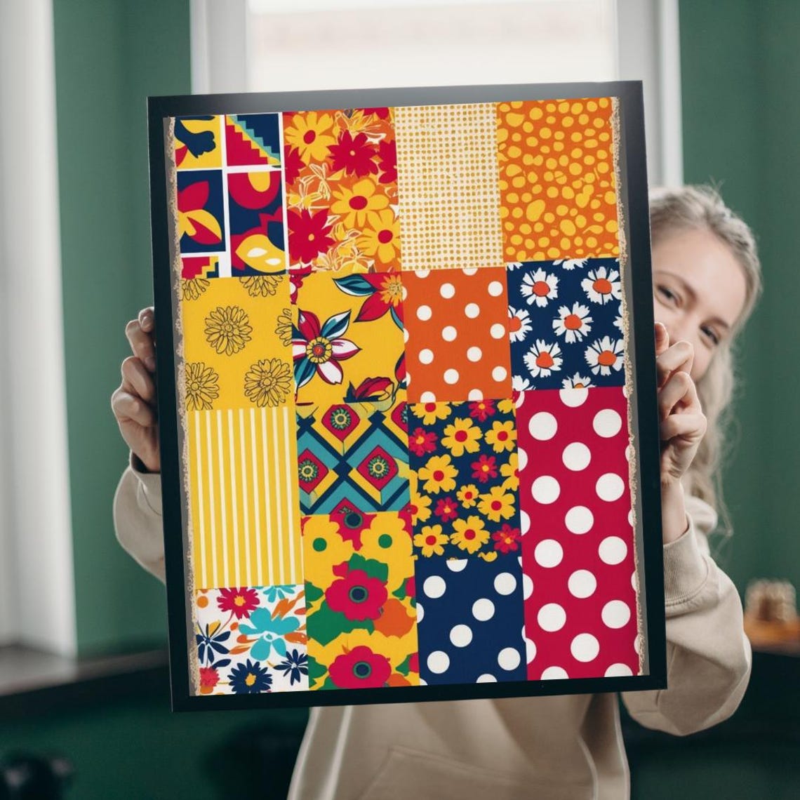 Retro Flower Power Patchwork Fabric Pattern Collage Wall Poster