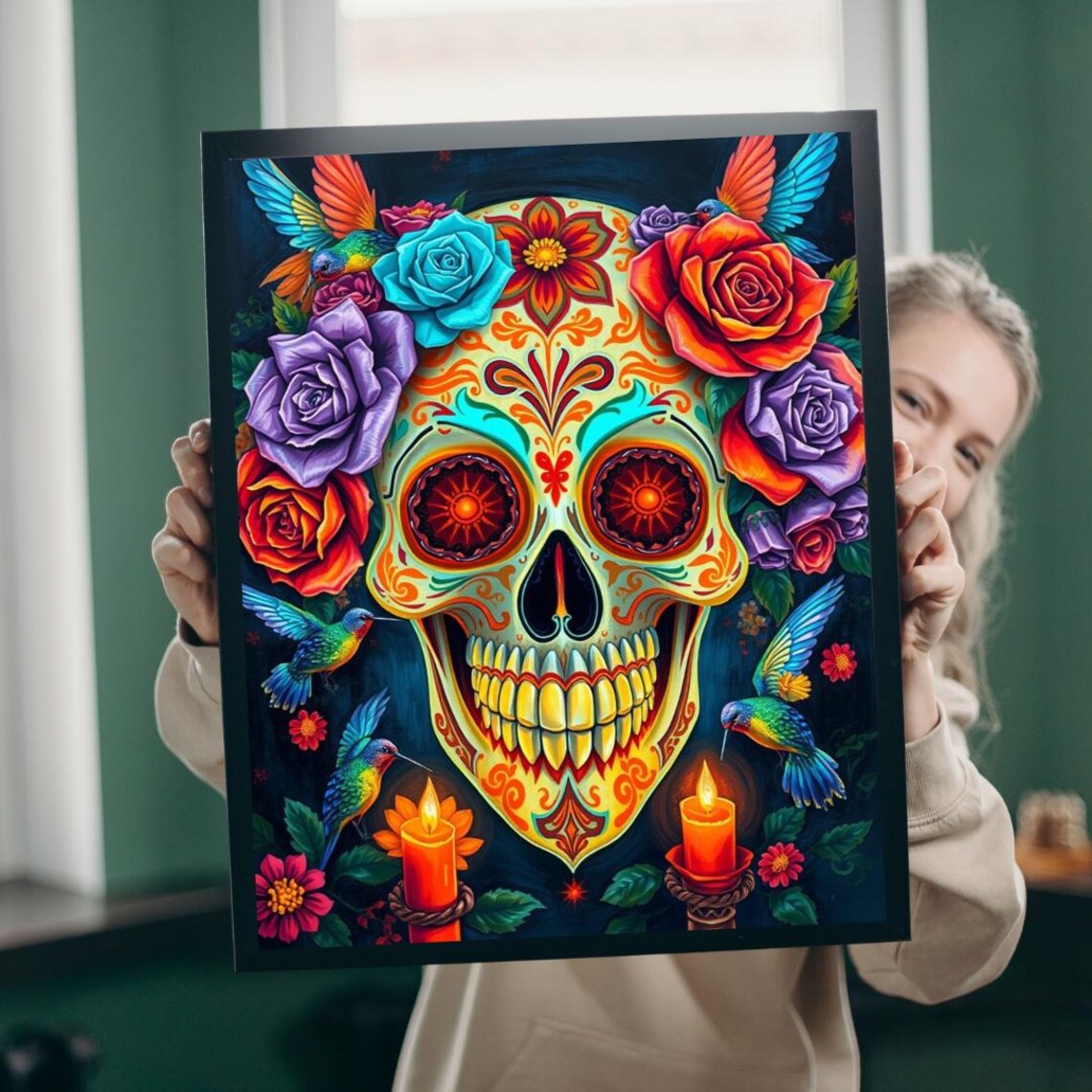 Day Of The Dead Sugar Skull Poster Colorful Roses Candles Artwork